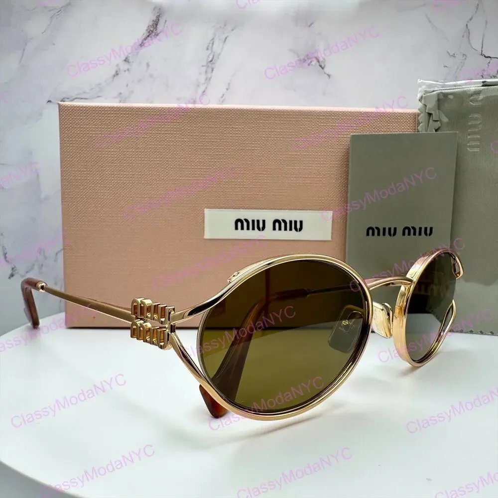 New MIU MIU Sunglasses Gold Oval Skinny Metal Frame Italy 100% Authentic